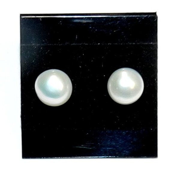 White 6mm Round Button Cultured Freshwater Pearl Silver Brass Post Earrings E195 - Picture 3 of 4